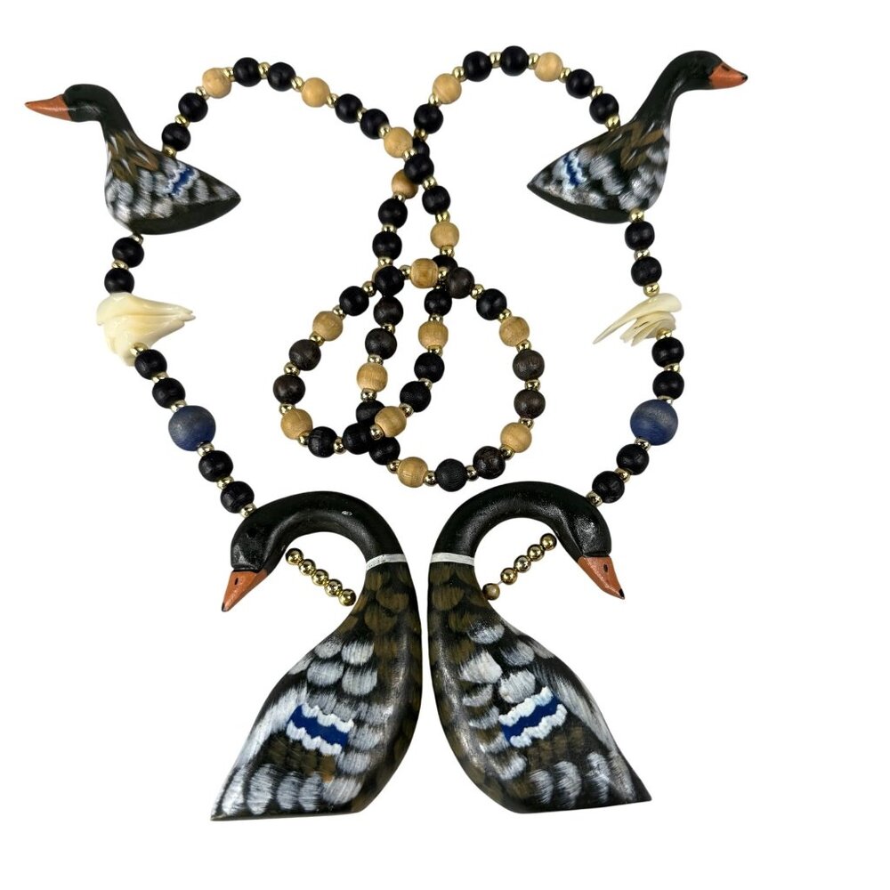 Wood Duck Geese Statement Necklace Beaded Shell Accents Hand Painted Vintage